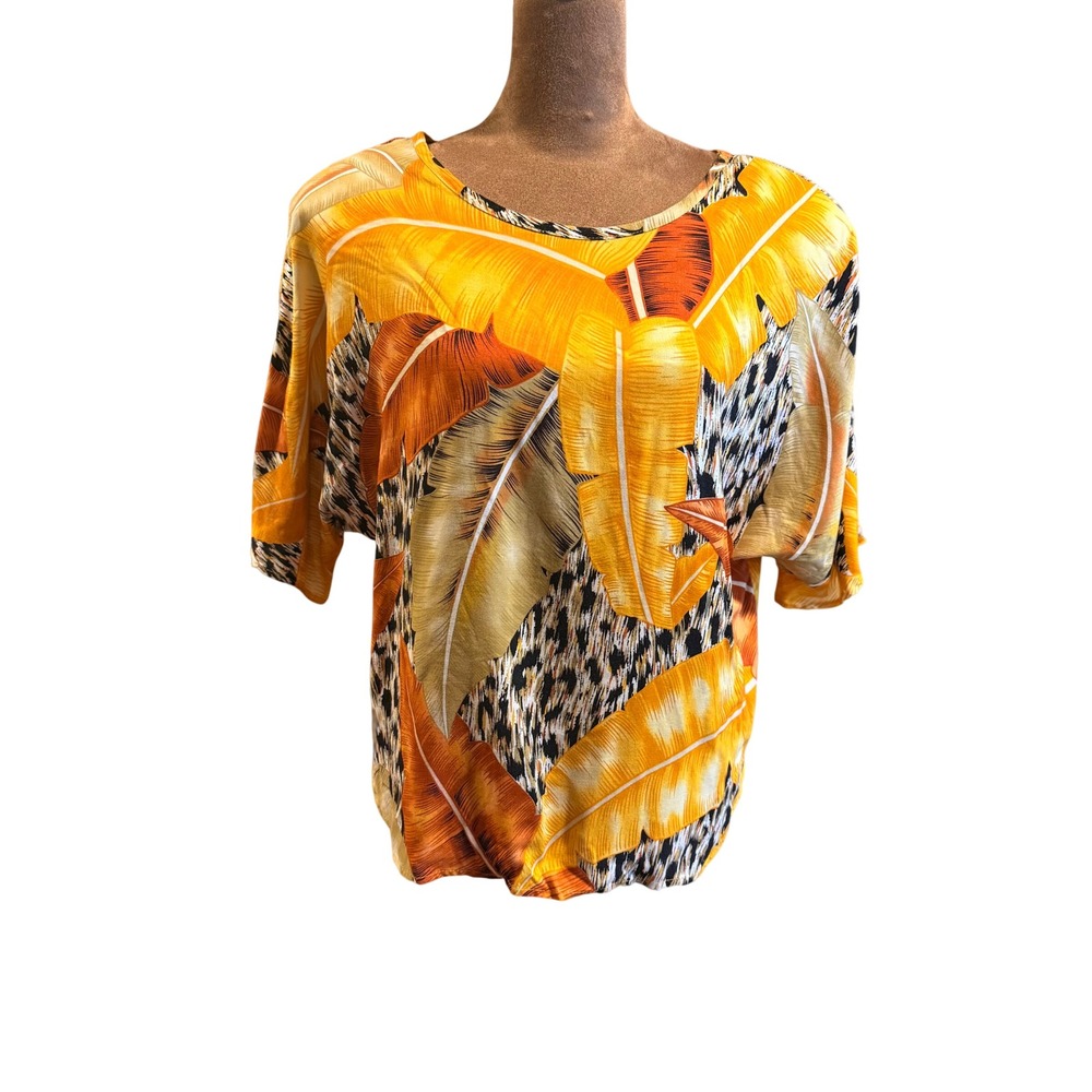 VTG Melrose Tropical Leaf Leopard Print Women L Yellow Dolman Sleeve RARE Travel